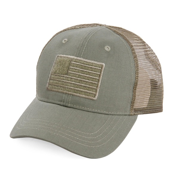 HIGHLAND TACTICAL OLIVE GREEN AMERICAN FLAG VELCRO - TRUCKER MESH HAT - Picture 1 of 4
